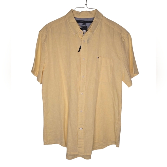 Tommy Hilfiger Linen Blend Yellow Short Sleeve Button-Up Shirt Size XL - Picture 1 of 9